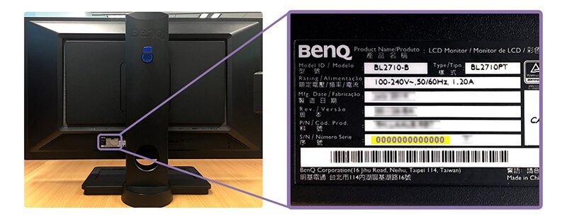 Find BenQ LCD Monitor BL2710PT Serial Number