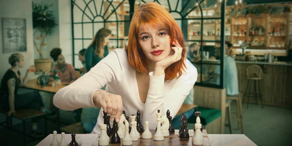 a womanpalying chess in the style of Netflix series The Queen's Gambit