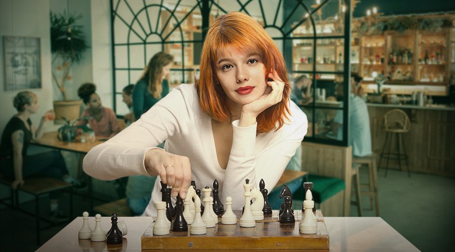 a woman playing chess in the style of Netflix The Queen's Gambit