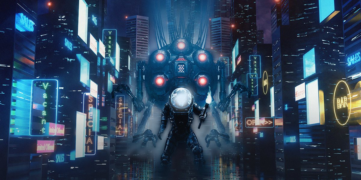 Robots and monsters in a city at night in style of animated movie Ghost in the Shell