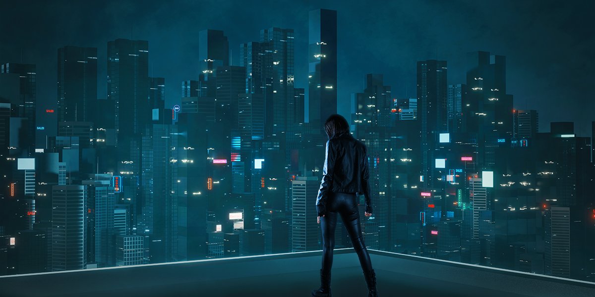 a woman standing on the rooftop in style of animated movie ghostin the shell