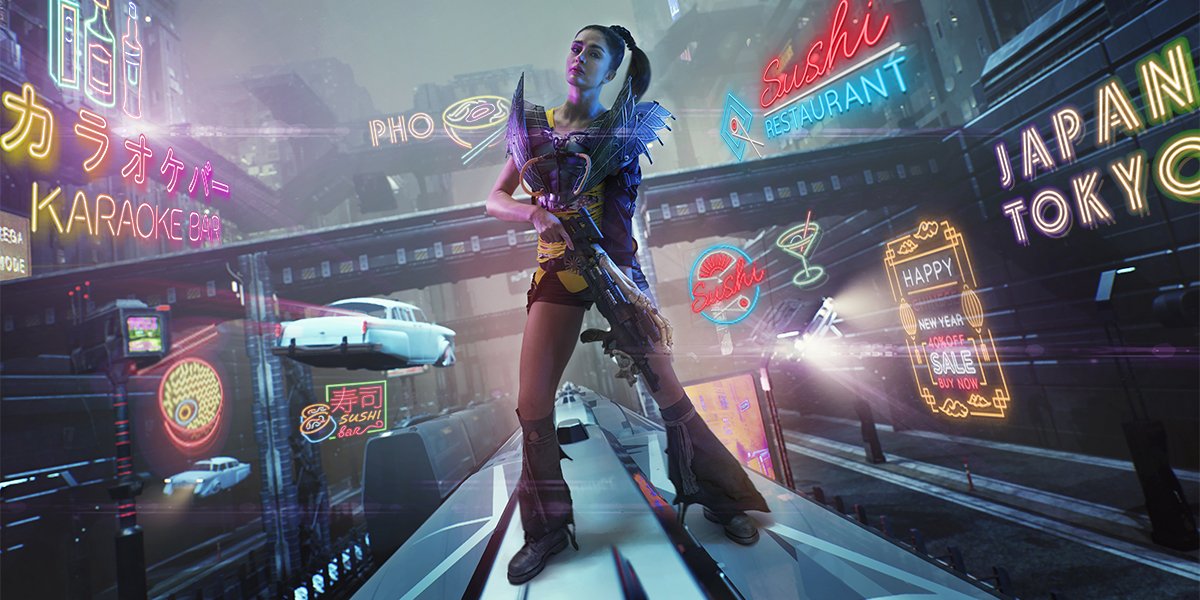 A cyberpunk girl standing on the train, holding a rifle