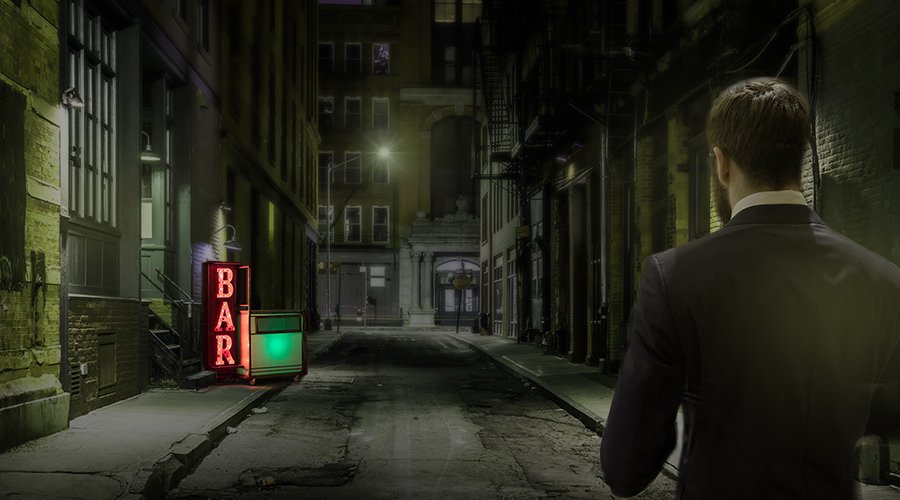 A man walking in a dark street towards a bar in the style of movie dark city