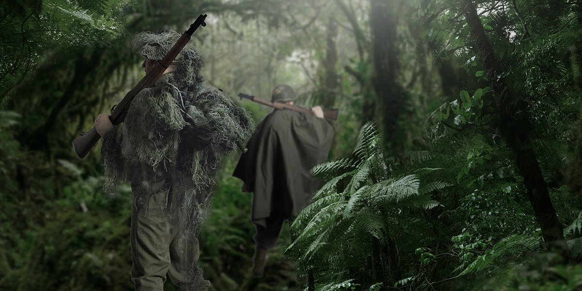 Soldiers walking in the jungle in disguise in the style of Terrence Malick's Red Thin Line 