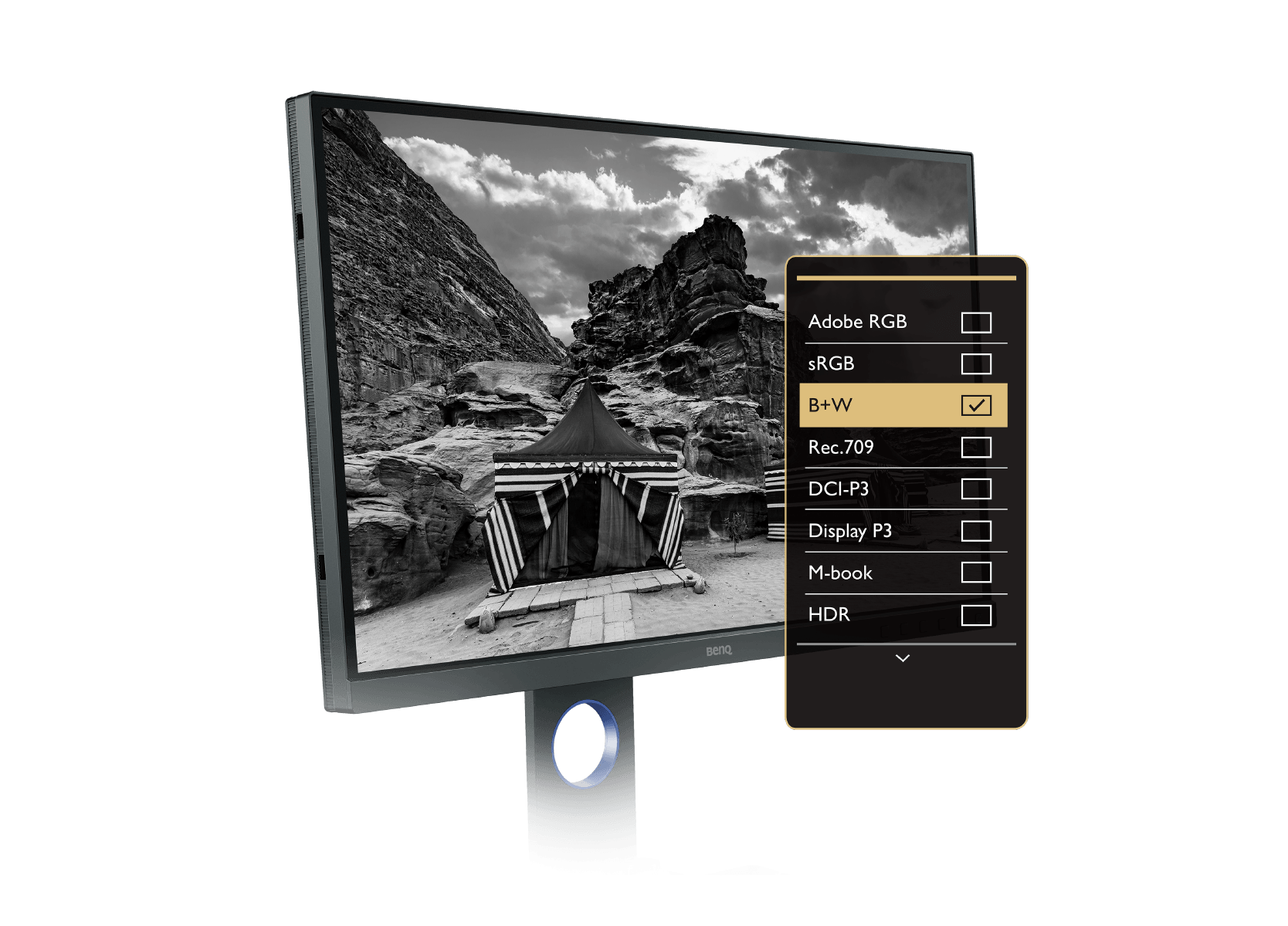 O monitor para fotógrafos BenQ dispõe de modo preto e branco avançado para pré-visualizar fotos coloridas em qualquer uma das três definições predefinidas de preto e branco antes de editar