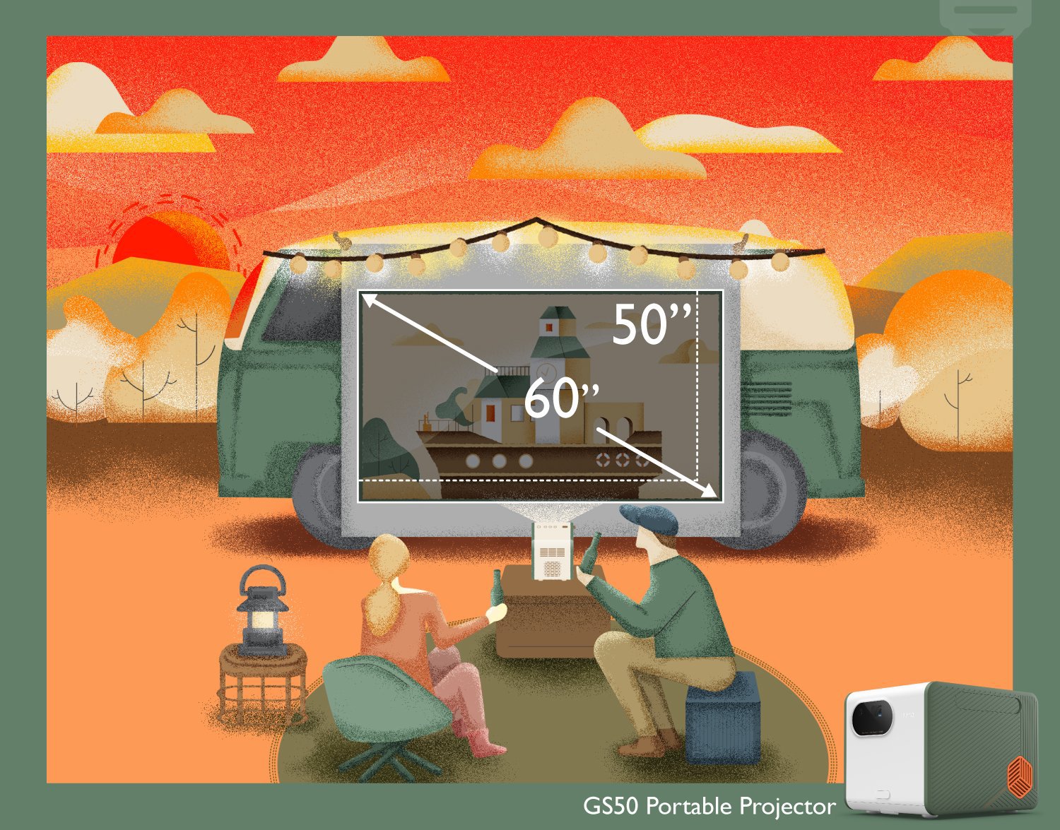 friends using a GS50 portable projector by the camper