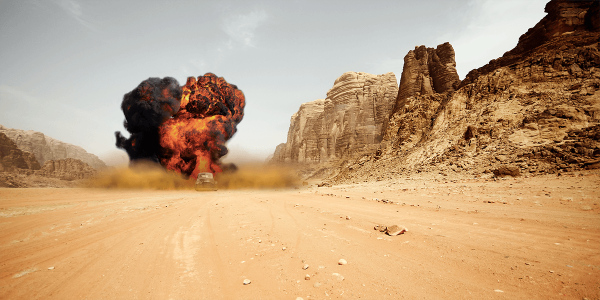 Explosion in the desert just like a scene in the movie Mad Max Fury Road