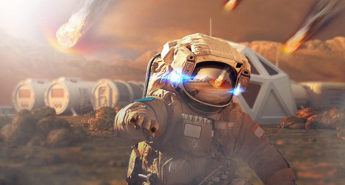 A spaceman running on the Mars in the style of the movie The Martian
