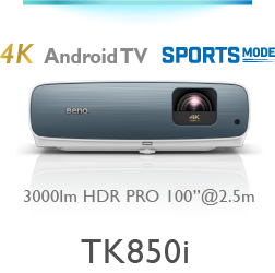 BenQ 4K Home projector powered by Android TV  TK850i with 3000lm brightness, HDR PRO, Sports Mode that brings immersive sports watching experience home.