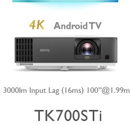 BenQ 4K home projector powered by Android TV  TK700STi with 3000lm brightness, HDR, 16ms low input lag that brings immersive sports watching and gaming experience home.