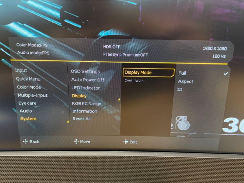 Display mode settings on ultrawide gaming monitor.
