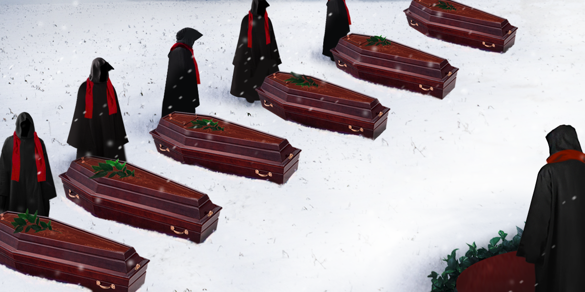 Red coffins in the snow with people in black standing by them and in mourn