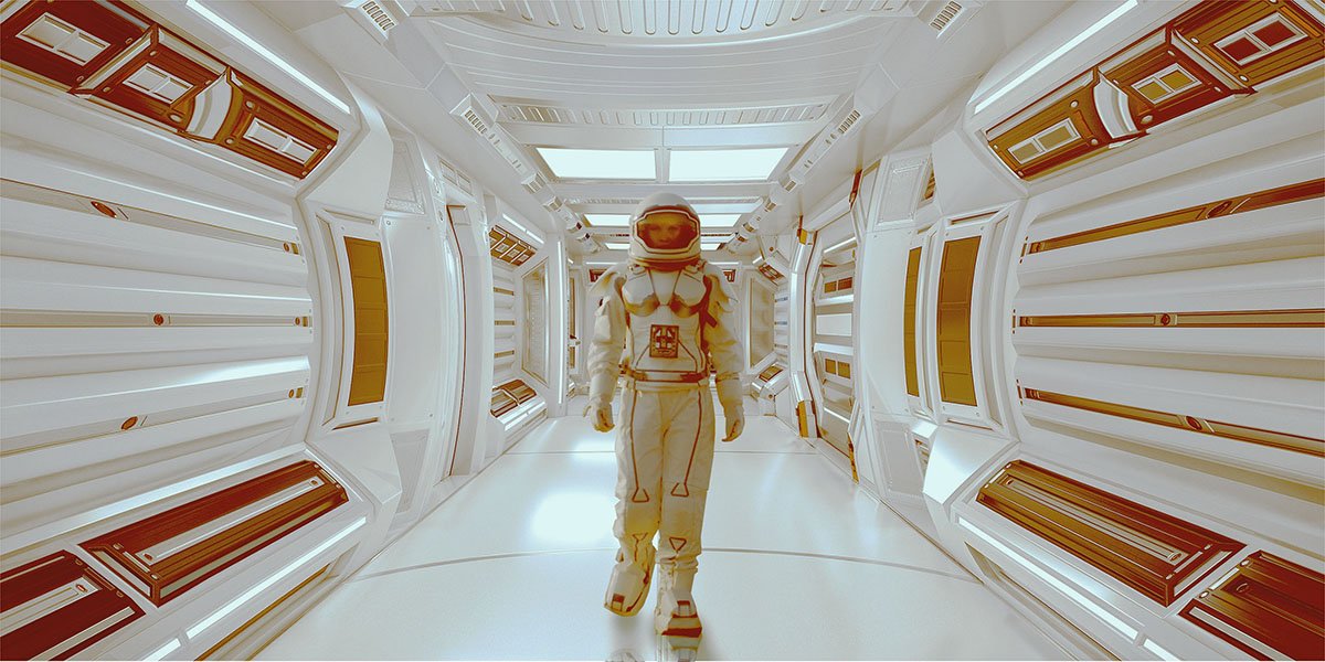 a spaceman in a spaceship in the style of Stanley Kubrick's 2001 A Space Odyssey