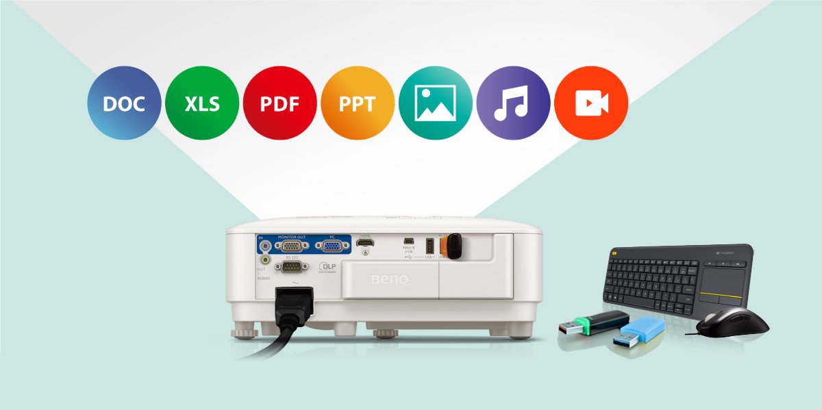 USB supporting a wide range of file formats including JPEG, PDF, Microsoft Word, Excel, PowerPoint files